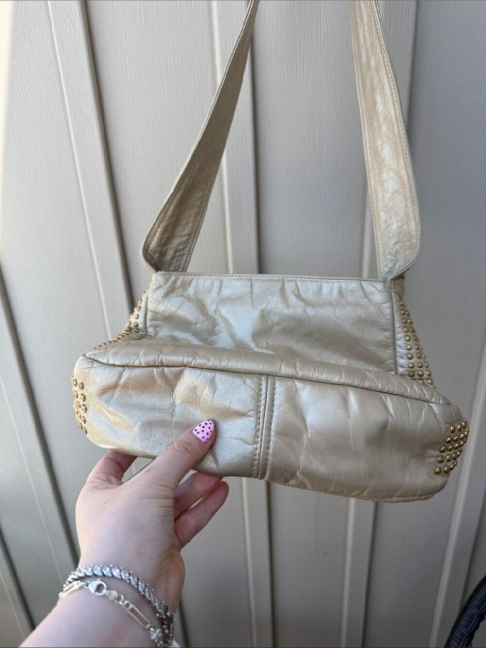 PINKY Genuine Leather Studded Metallic Cream Shoulder / Crossbody Bag - Picture 5 of 11